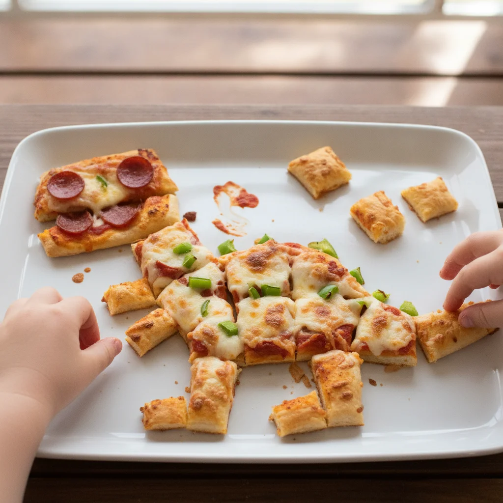 Close‑up of a DIY pizza bite platter where kids have arranged mini pizza squares into a fun shape (e.g., a dinosaur or a