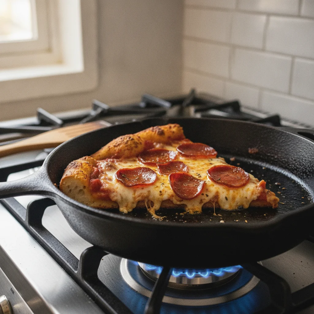 A cast‑iron skillet on a stovetop with a Via Mia pizza slice sizzling, showing the golden‑brown crust and melted toppings as