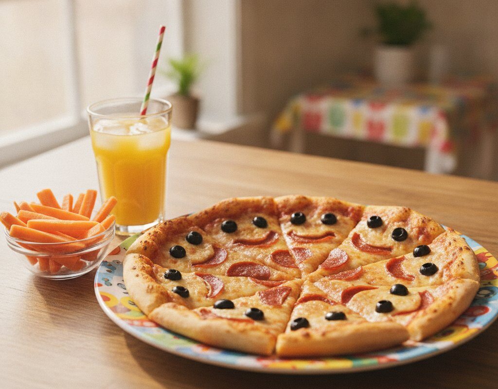 A bright, natural‑light photo of a Via Mia pizza cut into smiley‑face slices on a colorful kid‑friendly plate, surrounded by — kid friendly pizza