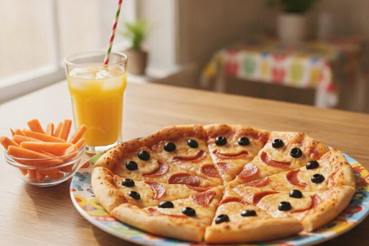 A bright, natural‑light photo of a Via Mia pizza cut into smiley‑face slices on a colorful kid‑friendly plate, surrounded by — kid friendly pizza