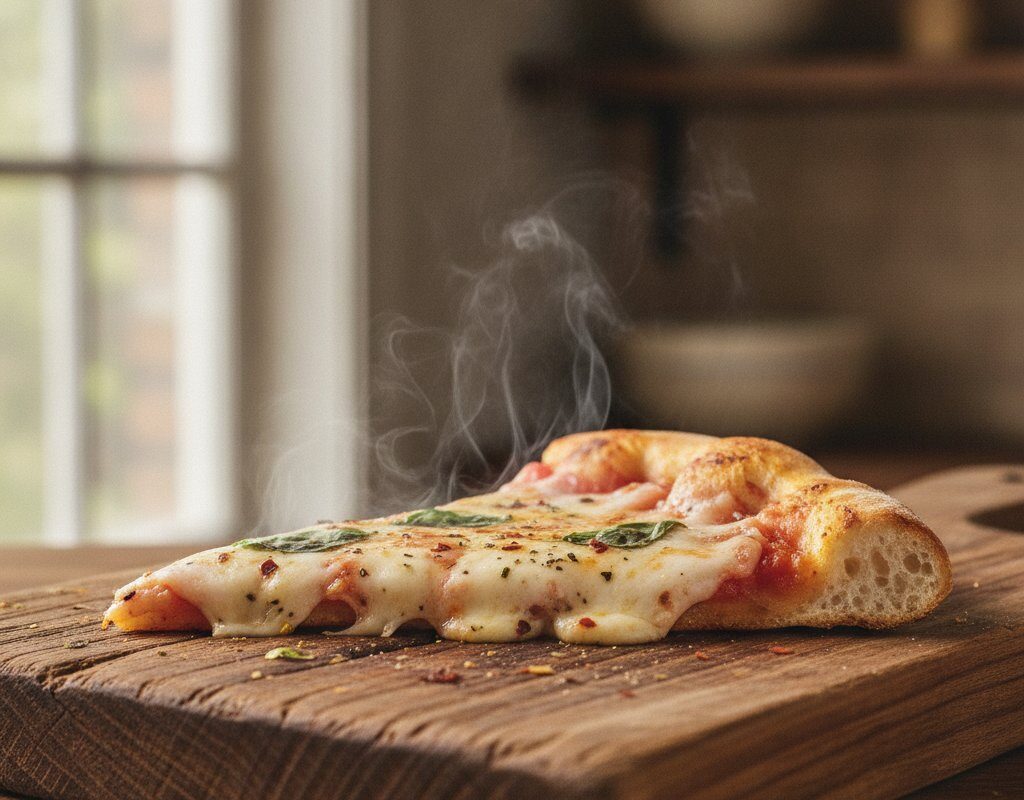 A close‑up of a freshly reheated Via Mia pizza slice on a rustic wooden board, steam rising, bright natural light — reheat pizza tips