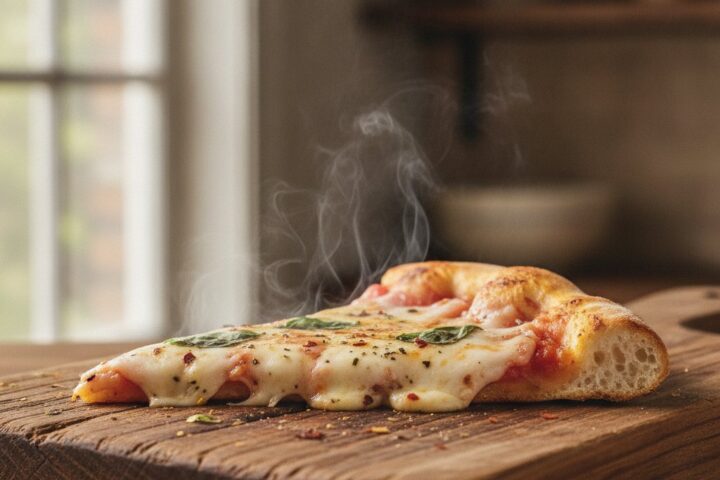 A close‑up of a freshly reheated Via Mia pizza slice on a rustic wooden board, steam rising, bright natural light — reheat pizza tips