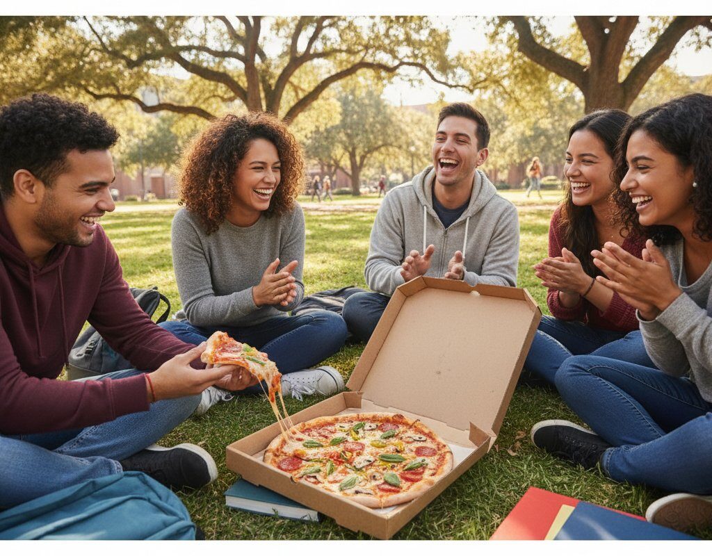A bright, sunny shot of a group of college students sitting on a campus lawn, laughing while sharing a Via Mia Pizza box — student pizza discounts