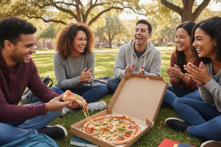 A bright, sunny shot of a group of college students sitting on a campus lawn, laughing while sharing a Via Mia Pizza box — student pizza discounts